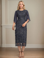 Sheath/Column Scoop Tea-Length Lace Chiffon Mother of the Bride Dress