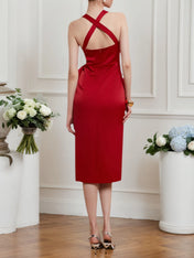 Red Bow V Neck Sleeveless Sheath/Column Midi Dress