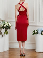 Red Bow V Neck Sleeveless Sheath/Column Midi Dress