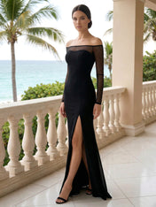 Formal Evening Dress Black Off the Shoulder Slit Maxi Dress