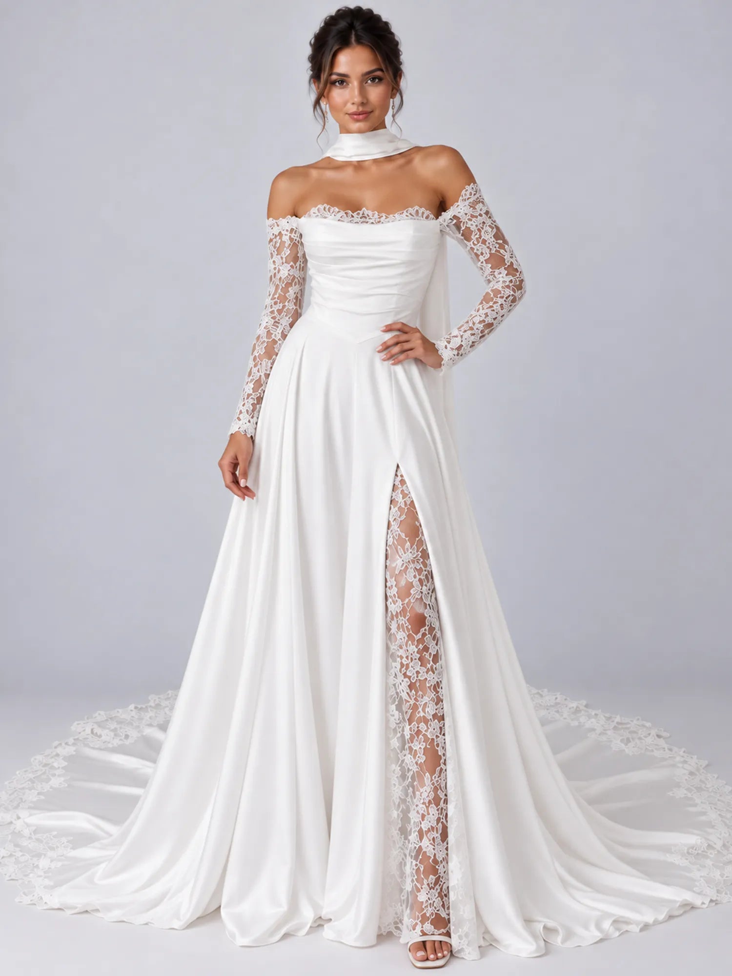 Elegant White Off-the-Shoulder Lace-Trimmed Slit Wedding Dress