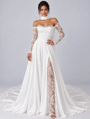 Elegant White Off-the-Shoulder Lace-Trimmed Slit Wedding Dress