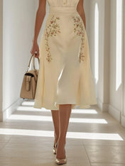 Apricot Embroidery Bow Classic Shawl Collar Cap Sleeve A-Line Midi Dress