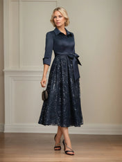 A-line Collared V-Neck Tea-Length Satin Lace Sequin Mother of the Bride Dress With Bow