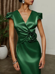 Green Petal Sleeve 3D Floral Satin Sheath Midi Dress