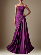 A Line Purple Satin Off the Shoulder Sleeveless Floor Length Dress With Ruffles