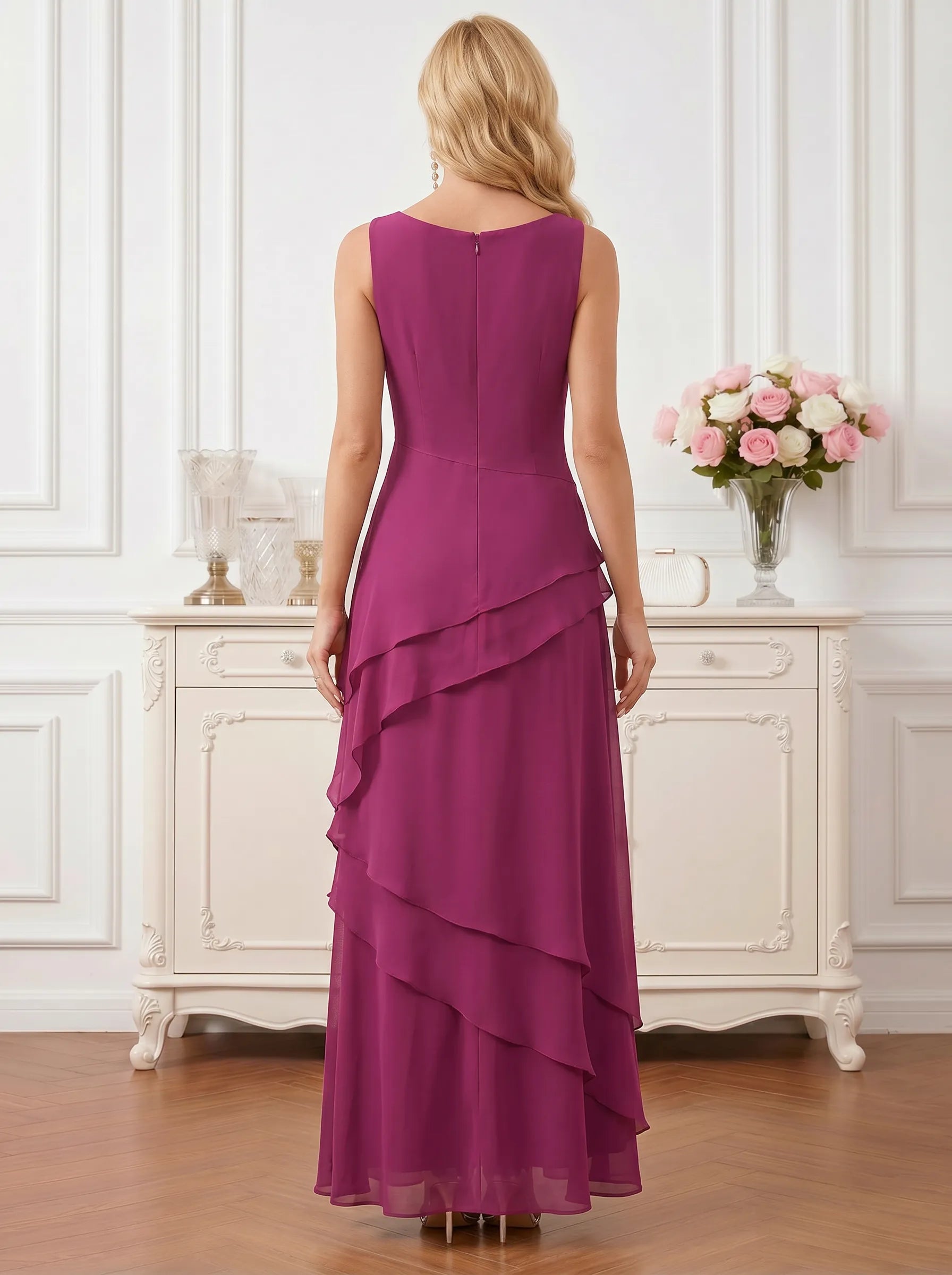 Round Neck Tiered Chiffon A-Line Mother of the Bride Dress with Matching Bolero Jacket