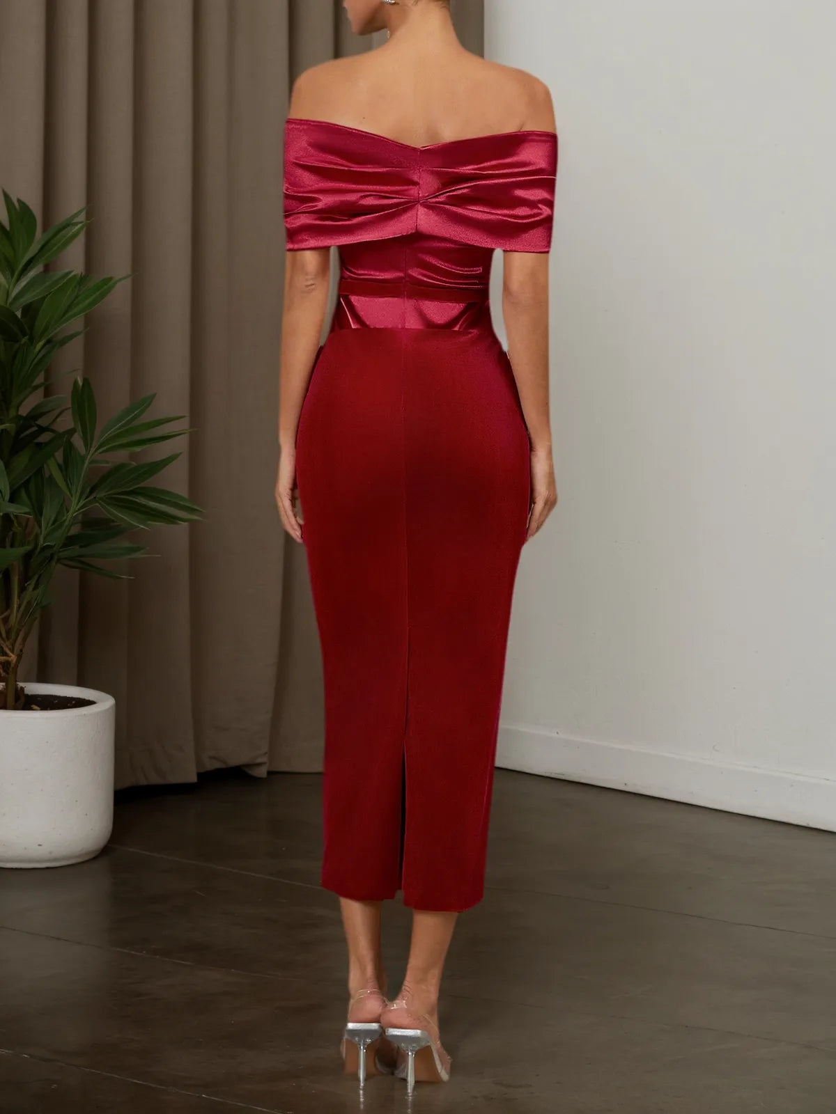 Wine Red Velvet Off The Shoulder Short Sleeve Sheath Maxi Dress