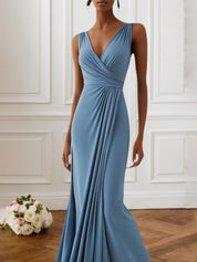 Fall Wedding Guest Dress Light Blue Spaghetti Strap Pleated Maxi Dress