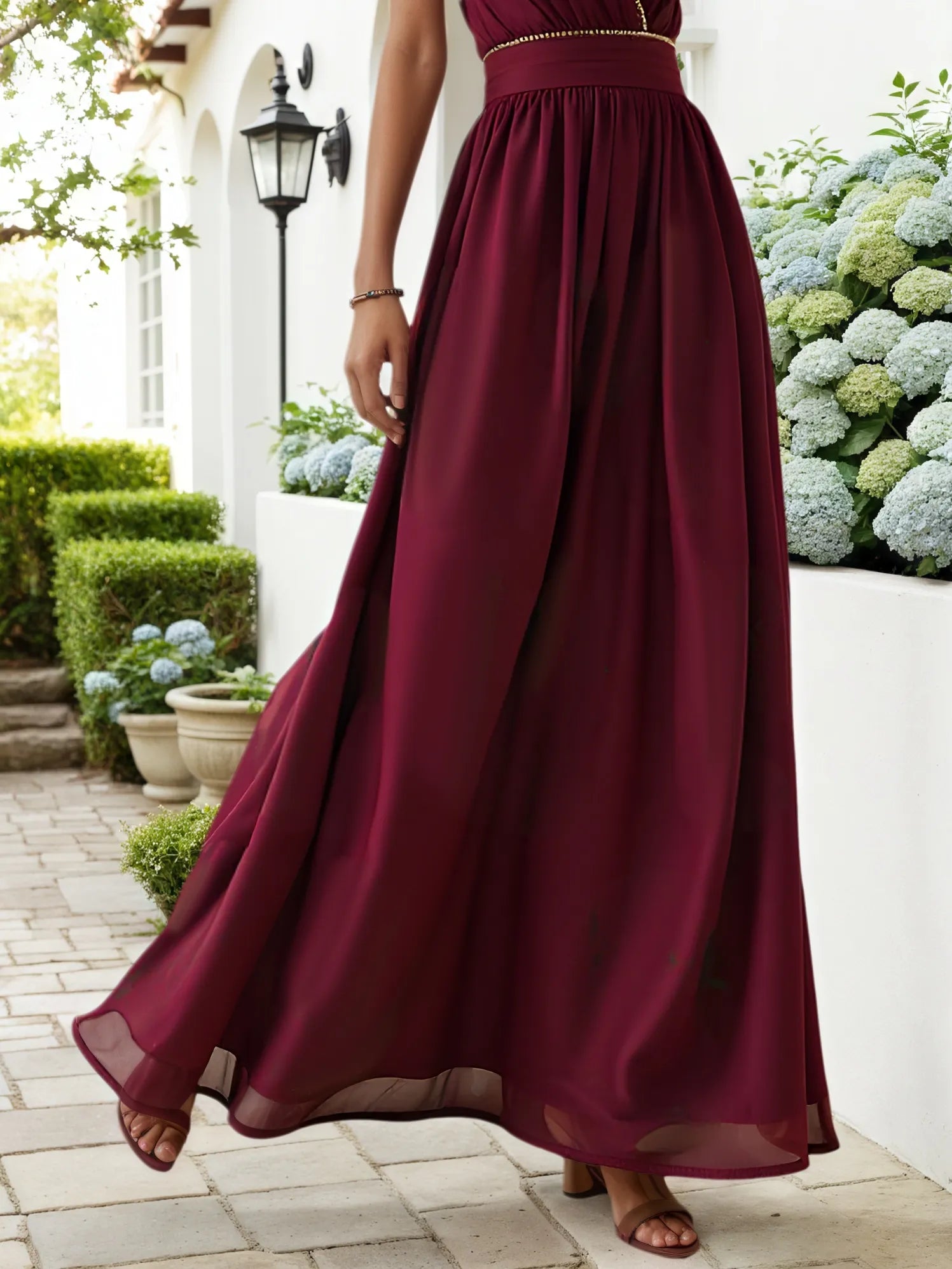 Wine Red Rhinestone Classic V Neck Sleeveless A-Line Maxi Dress