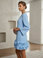 Powder Blue 3D Floral Classic Crew Neck Bell Long Sleeve Shift Mini Dress