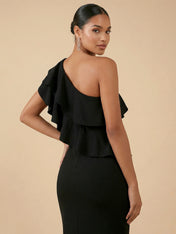 Elegant One-Shoulder Ruffle Mermaid Maxi Dress in Black
