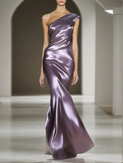 Evening Party Satin Dress Purple One-Shoulder Pleated Maxi Dress