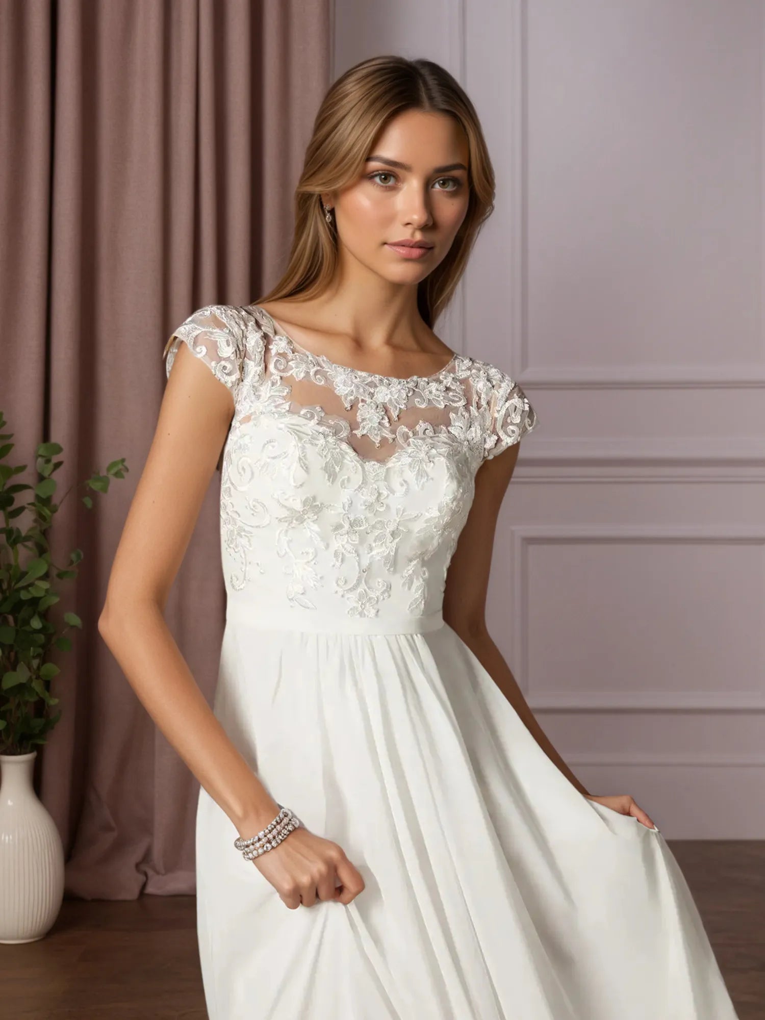 White A-Line Scoop Sequins Chiffon Wedding Dress