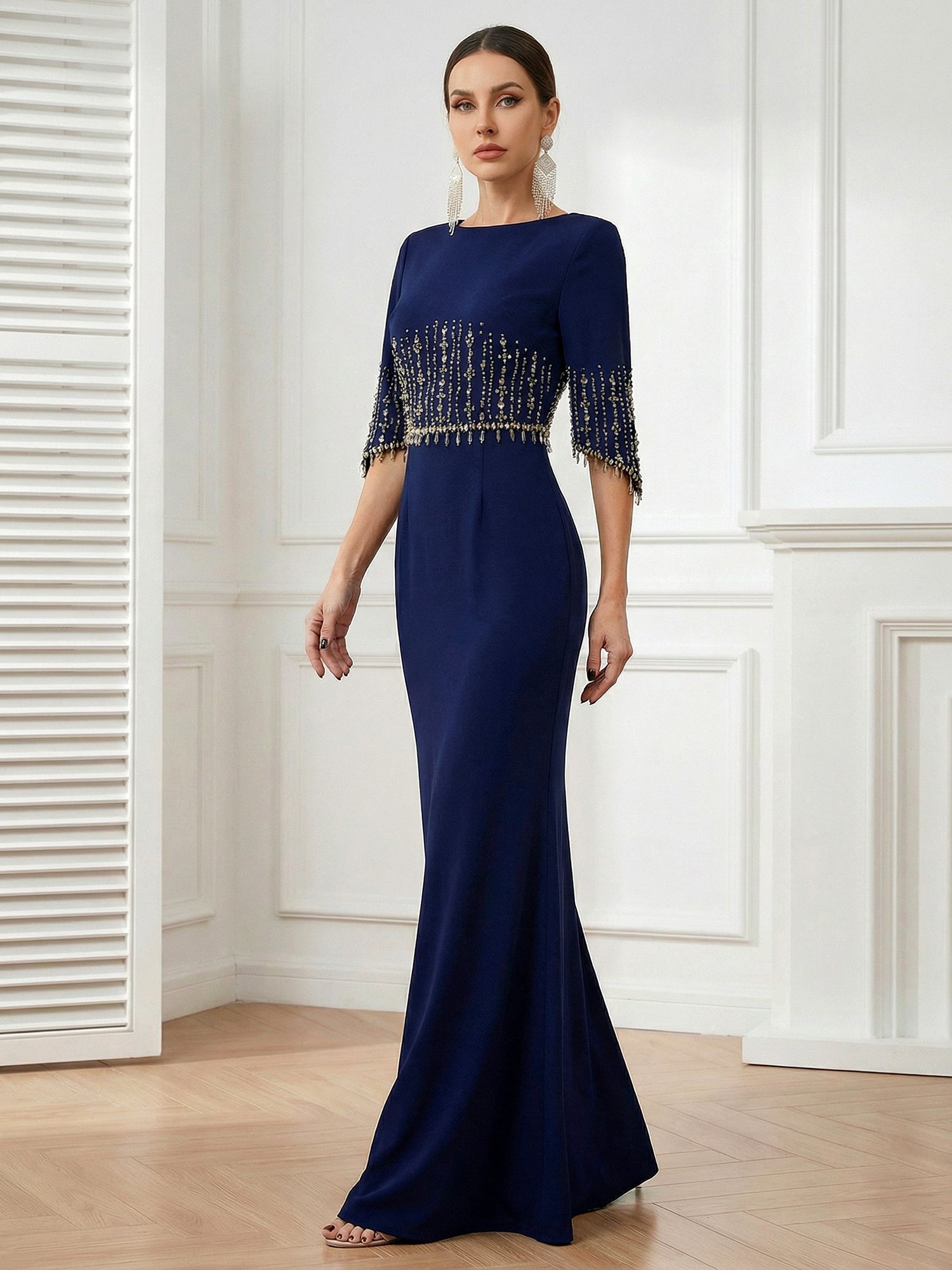 Navy Blue O Neck Half Sleeves Mermaid Satin Evening Dress with Beads