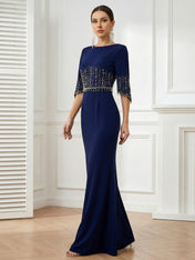 Navy Blue O Neck Half Sleeves Mermaid Satin Evening Dress with Beads