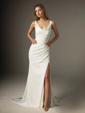 White Mermaid Scoop Pleated Crepe Back Satin Wedding Dress