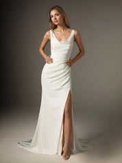 White Mermaid Scoop Pleated Crepe Back Satin Wedding Dress
