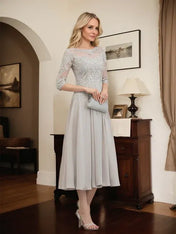 A-line Scoop Illusion Tea-Length Chiffon Lace Mother of the Bride Dress With Beading Sequins