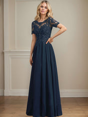 A-line Scoop Illusion Floor-Length Chiffon Lace Mother of the Bride Dress With Sequins Beading