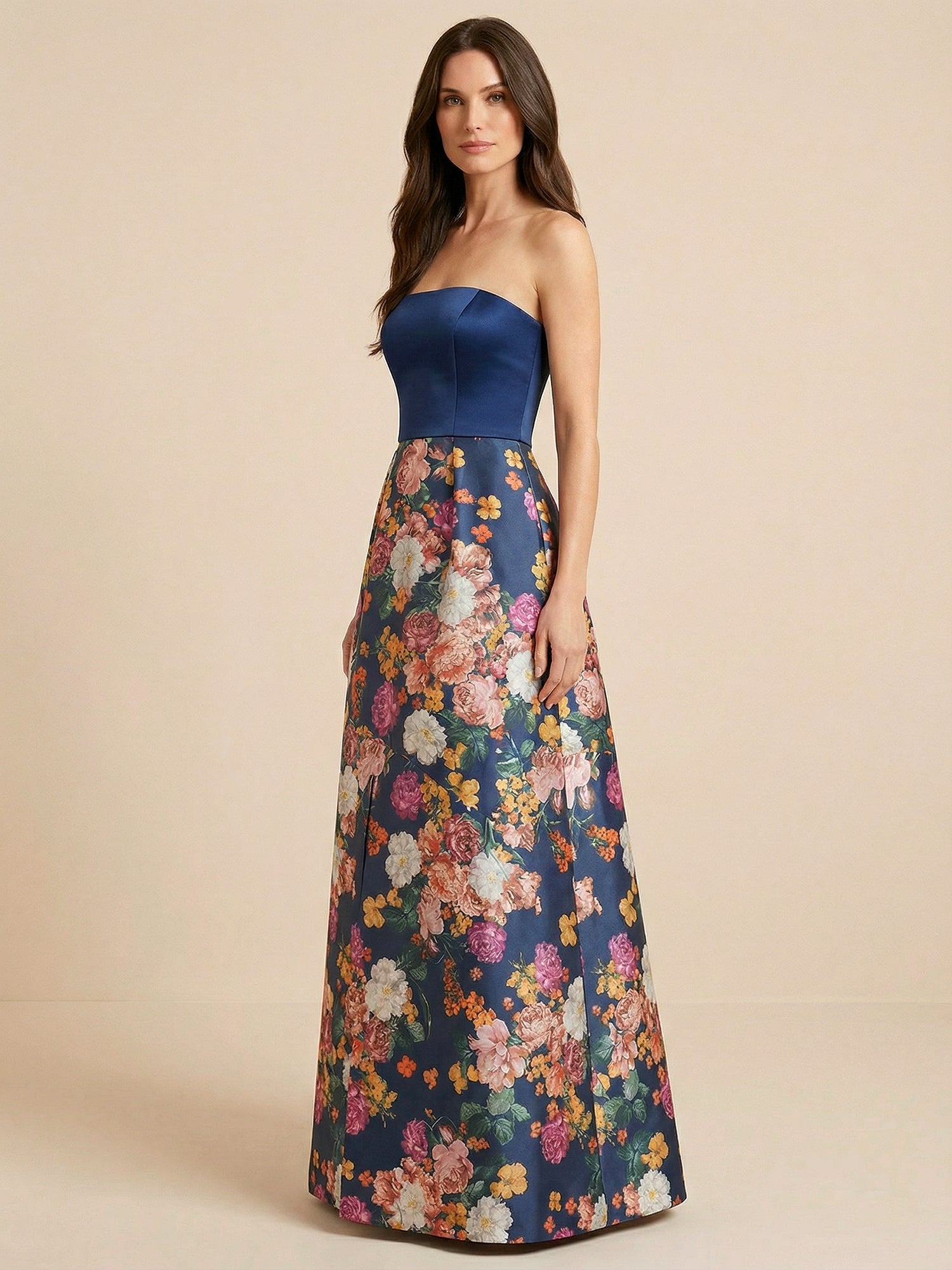 Navy Blue Half Strapless Print Floral Satin Mother of the Brides dress
