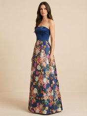 Navy Blue Half Strapless Print Floral Satin Mother of the Brides dress
