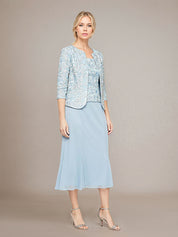 Sheath/Column Chiffon Square Neck Sleeveless Tea Length Mother of the Bride Dress
