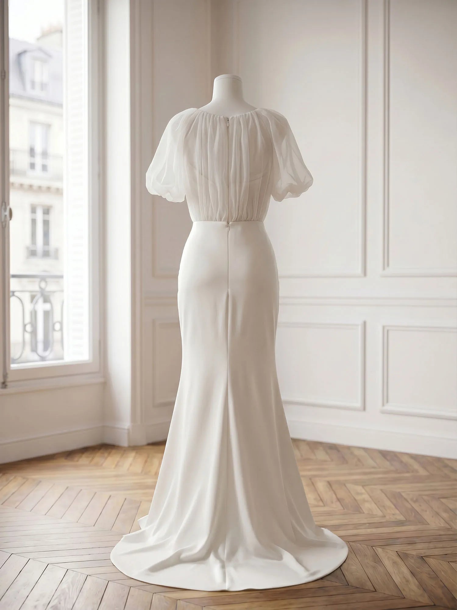 High Neck Sheer Puff Sleeve Satin Mermaid Evening Gown with Ruched Bodice