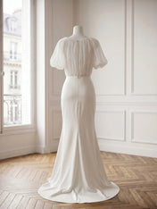 High Neck Sheer Puff Sleeve Satin Mermaid Evening Gown with Ruched Bodice