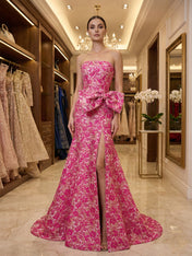 Hot Pink Floral Brocade Strapless Oversized Bow Prom Dress with Slit