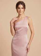 One-Shoulder Satin Mermaid Bridesmaid dresses with Dramatic Thigh-High Side Slit