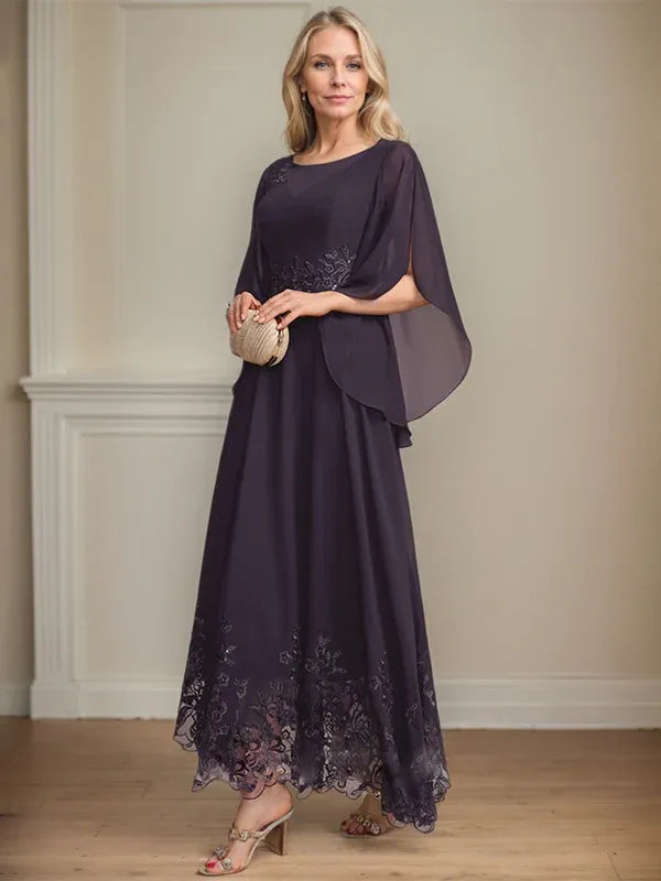 Robe de mère de la mariée trapèze en mousseline de soie et dentelle, longueur cheville, décolleté en V, illusion, avec paillettes 