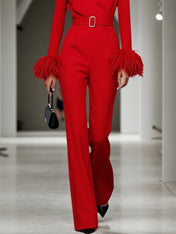 Women Red Feather-trimmed V Neck Long Sleeve Dressy Jumpsuit