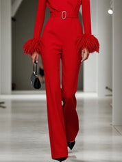 Women Red Feather-trimmed V Neck Long Sleeve Dressy Jumpsuit