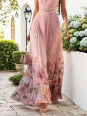 Pink Pleated Floral Deep V Neck A-Line Maxi Chiffon Dress