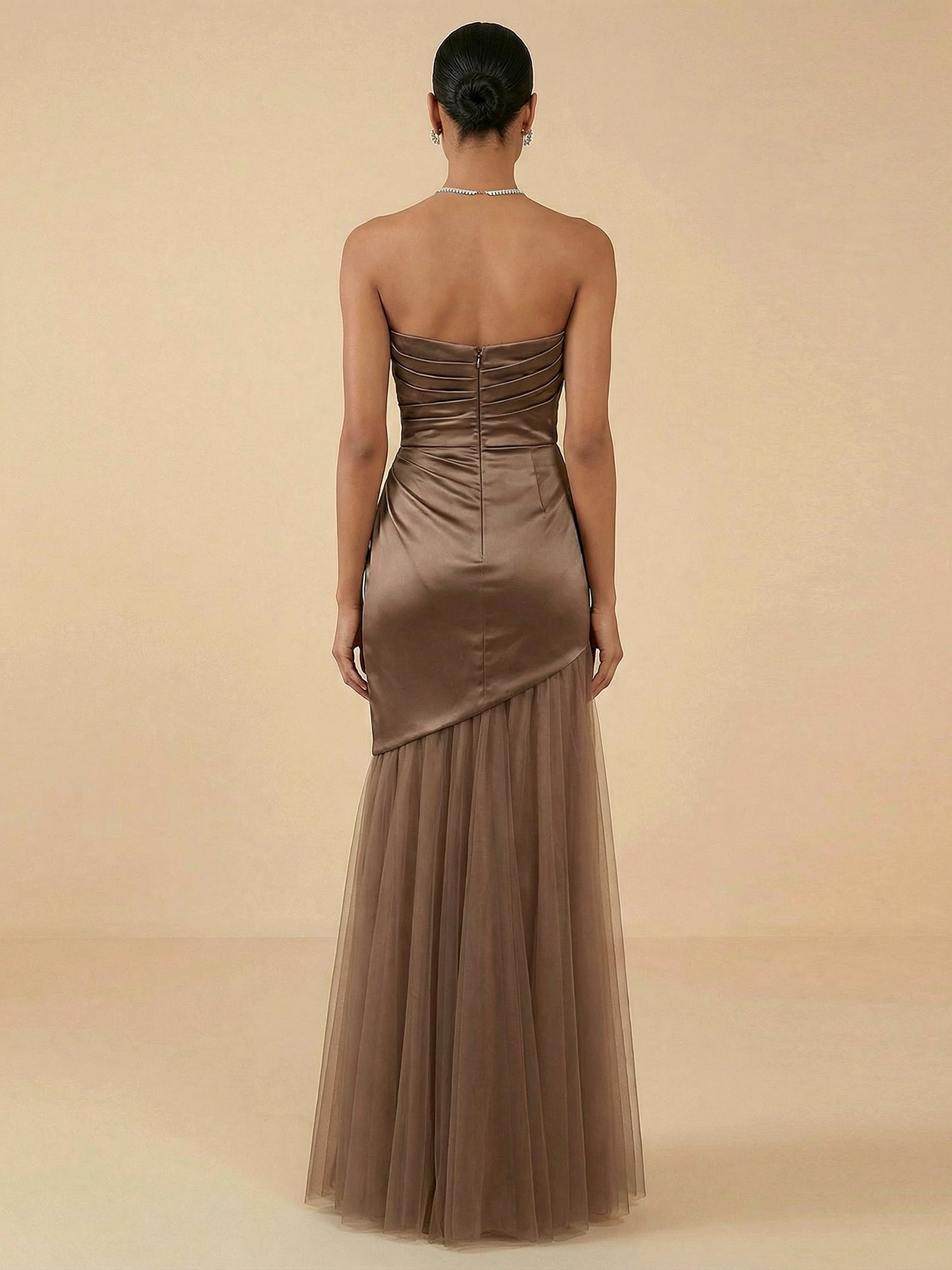 Strapless Satin Evening Gown with Draped Bodice and Tulle Skirt