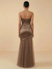 Strapless Satin Evening Gown with Draped Bodice and Tulle Skirt