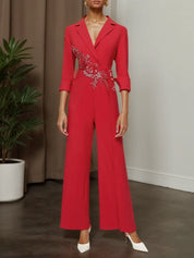 Red Applique Floral Lapel Collar Blazer Wide-Leg Jumpsuit