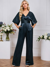 Jumpsuits V-Neck Floor-Length Stretch Satin Evening Dress With Pleated