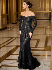 Off-Shoulder Long Sleeve Sequin Ruffled Mermaid Maxi Gown Formal Evening Dress
