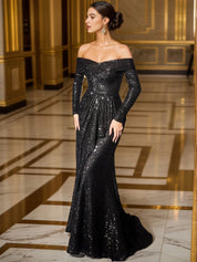 Off-Shoulder Long Sleeve Sequin Ruffled Mermaid Maxi Gown Formal Evening Dress