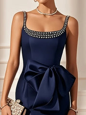 Purplish Blue Hotfix Embellished Bow Classic Crew Neck Sleeveless Sheath Midi Dress