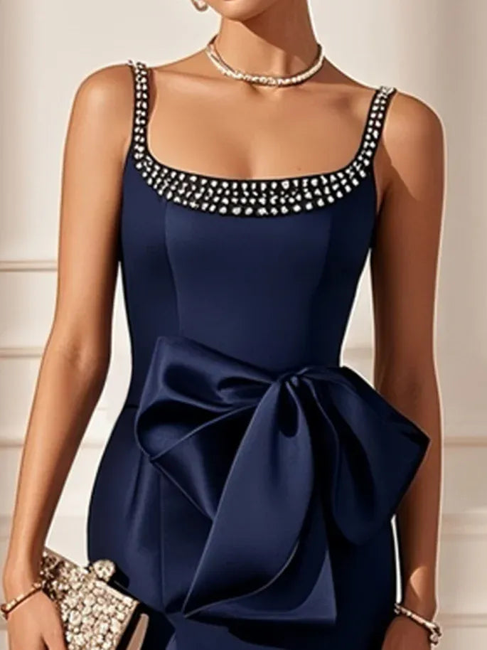 Purplish Blue Hotfix Embellished Bow Classic Crew Neck Sleeveless Sheath Midi Dress