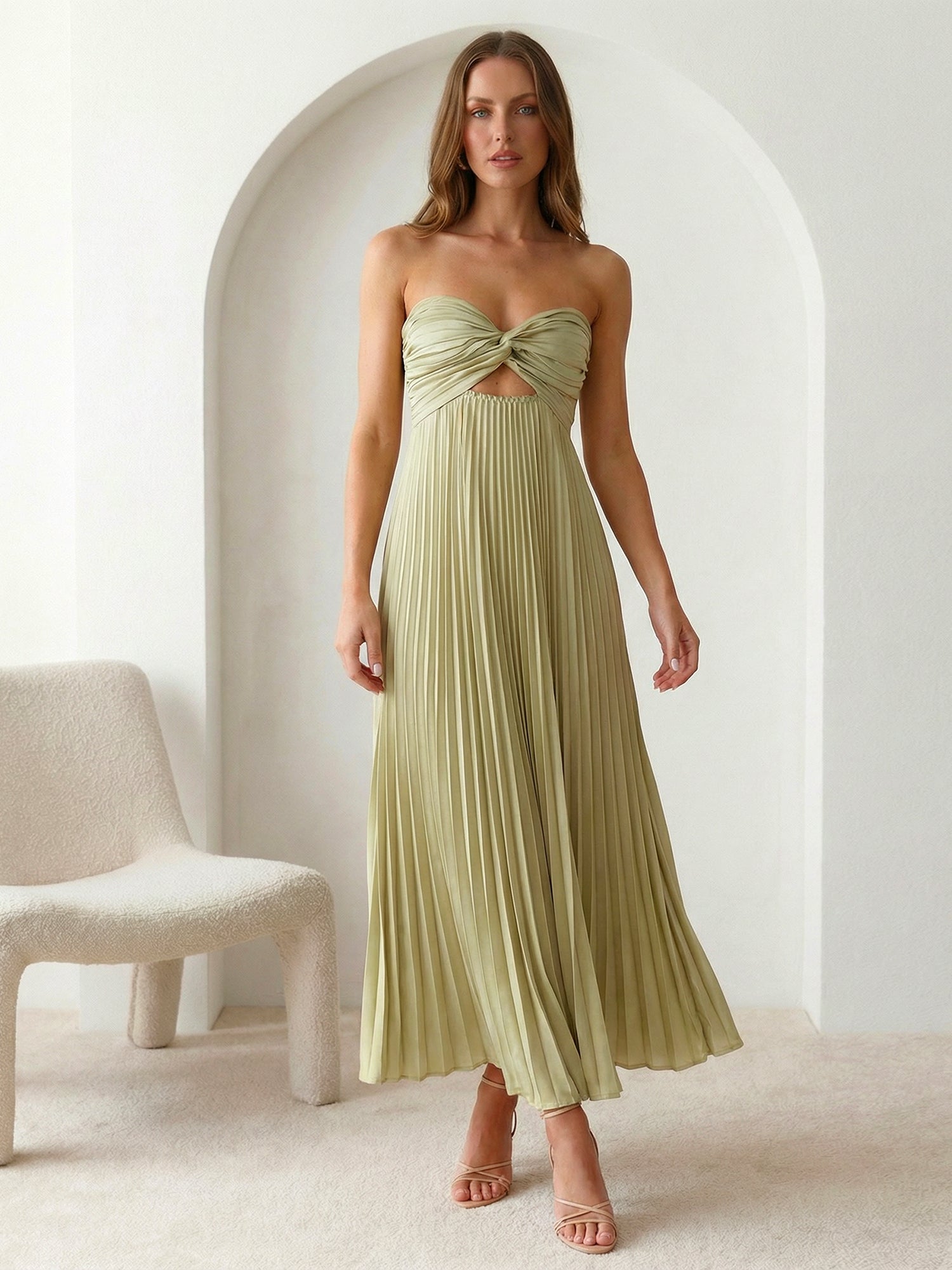 Sage Sweetheart Satin A Line Pleat Maxi Dresses Hollowed