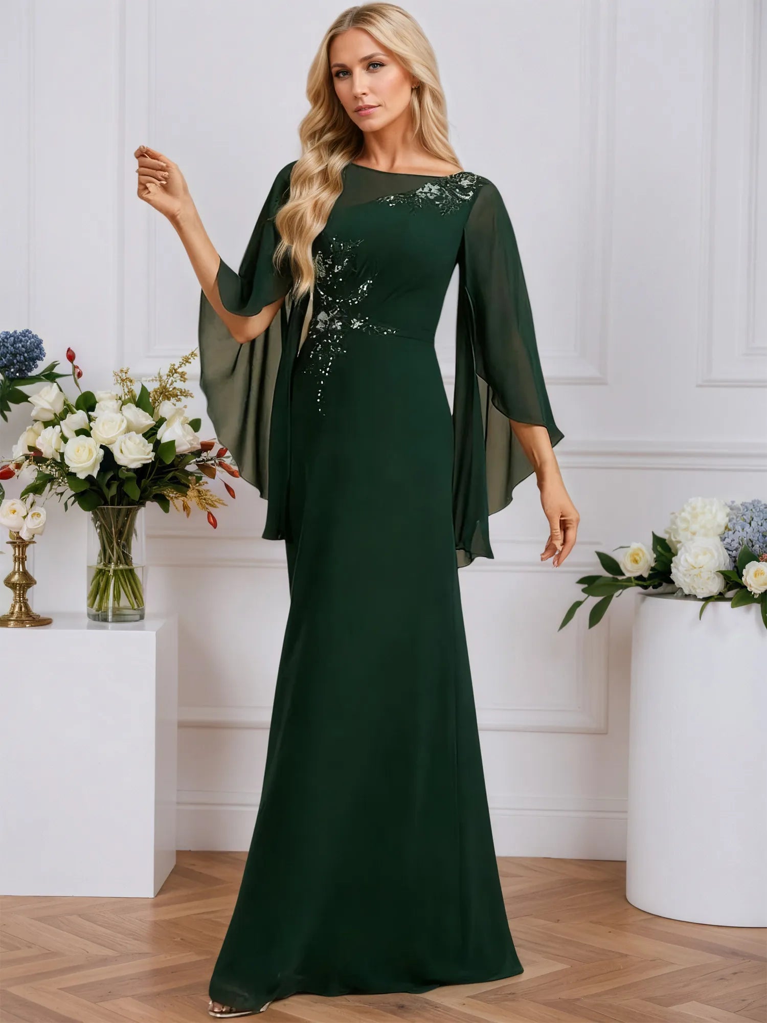 A-line Boat Neck Illusion Floor-Length Chiffon Evening Dress With Sequins Appliques Lace Pleated