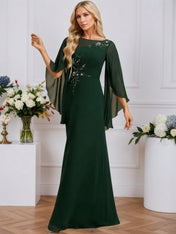 A-line Boat Neck Illusion Floor-Length Chiffon Evening Dress With Sequins Appliques Lace Pleated