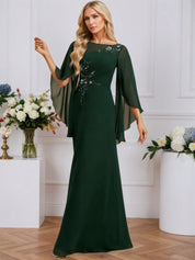 A-line Boat Neck Illusion Floor-Length Chiffon Evening Dress With Sequins Appliques Lace Pleated