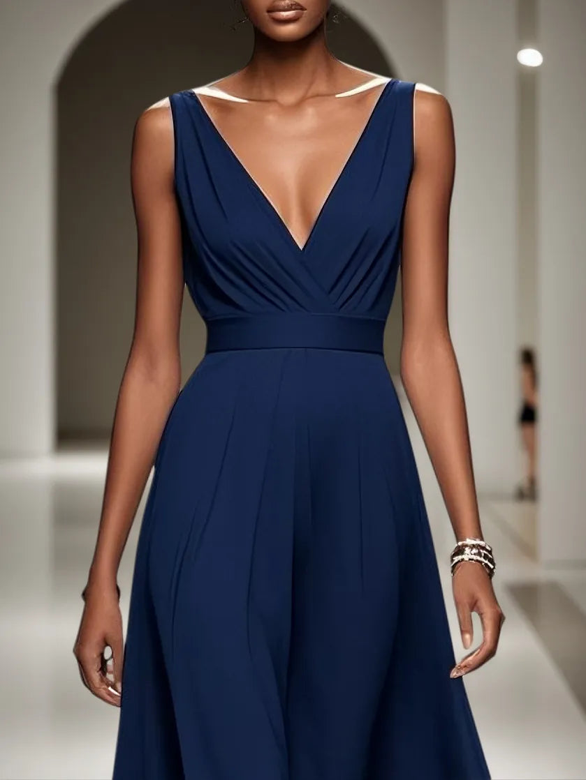 Navy Blue Classic V Neck Sleeveless A-Line Maxi Dress