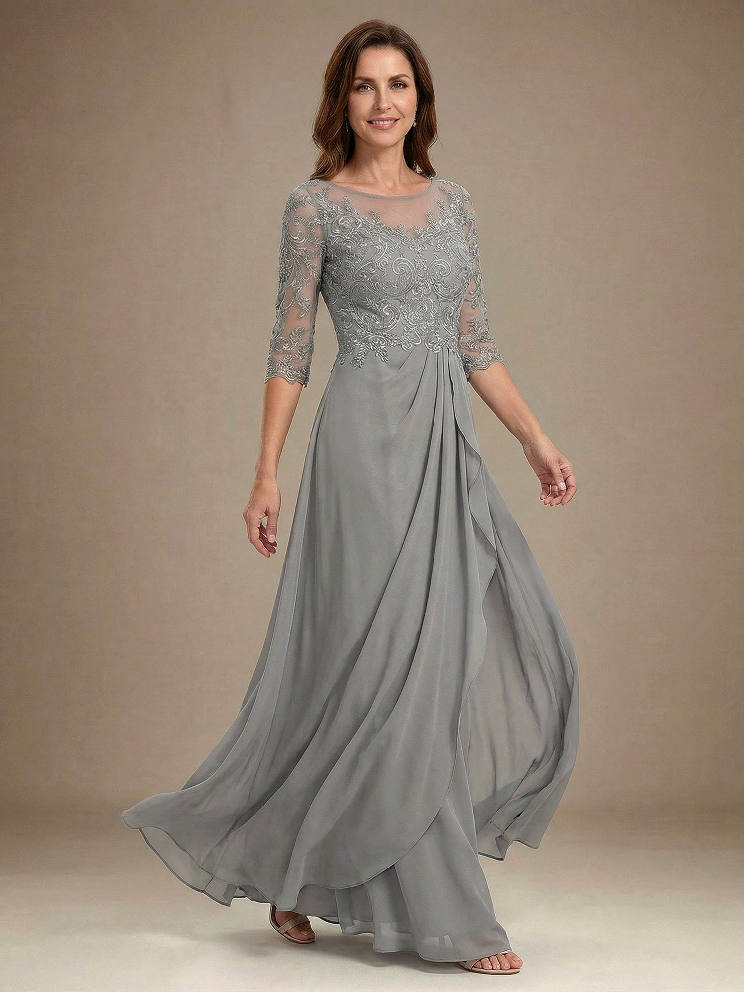 A-line Scoop Illusion Floor-Length Chiffon Lace Mother of the Bride Dress With Beading Sequins Cascading Ruffles