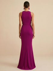 Deep Fuchsia Sleeveless High Neck 3D Floral Mermaid Formal Gown Evening Dress